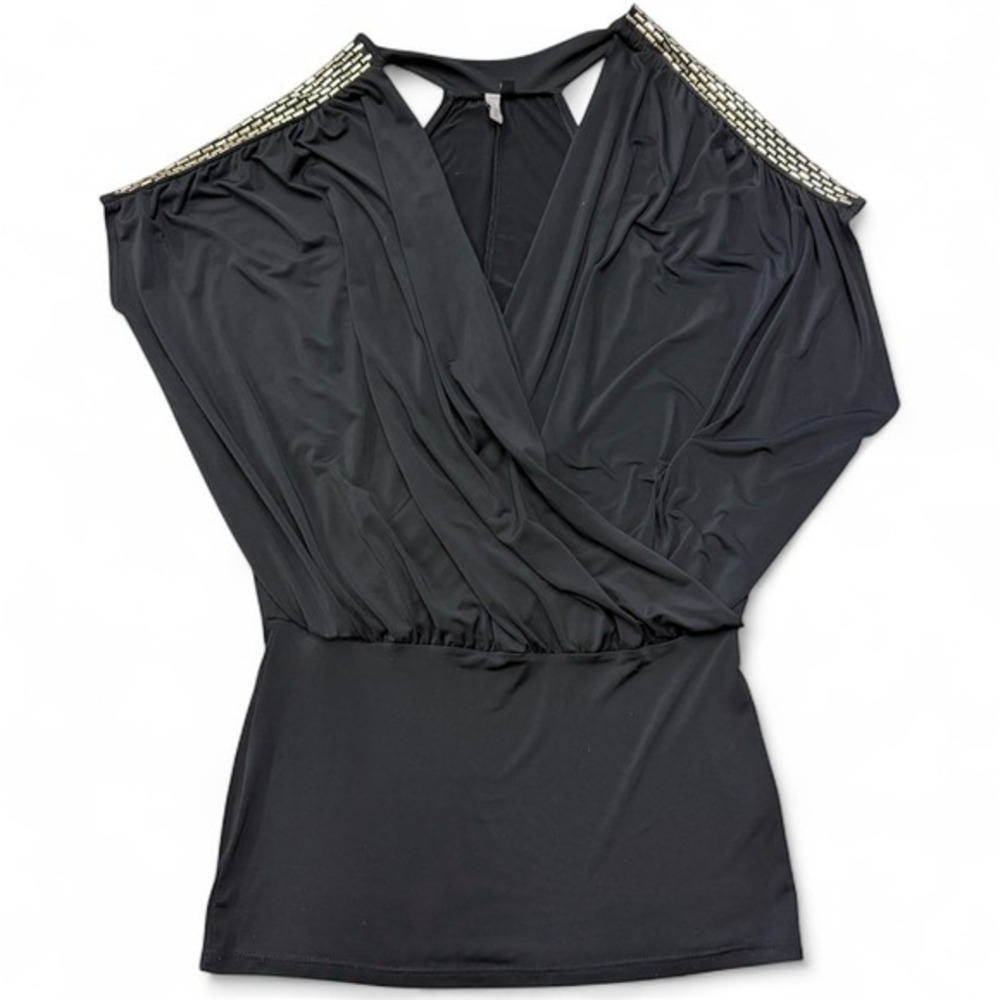 Forplay Black Embellished V Neck Dolman Sleeve Ruched Waist Small Mini Dress‎